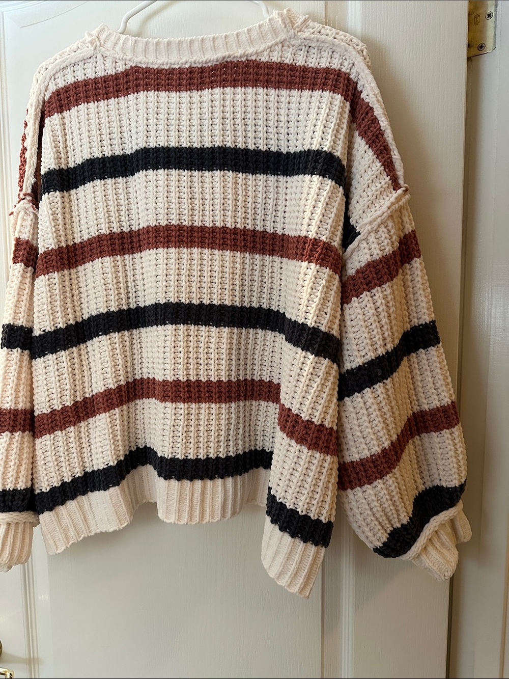 POL Chunky Striped Crew Sweater in Cream, Black & Brown - Picture 6 of 7